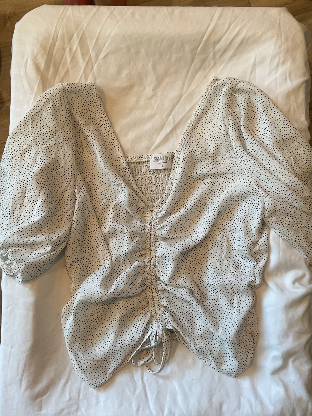 Sienna Sky Cream Top with Black Dot Print and Ruched Front